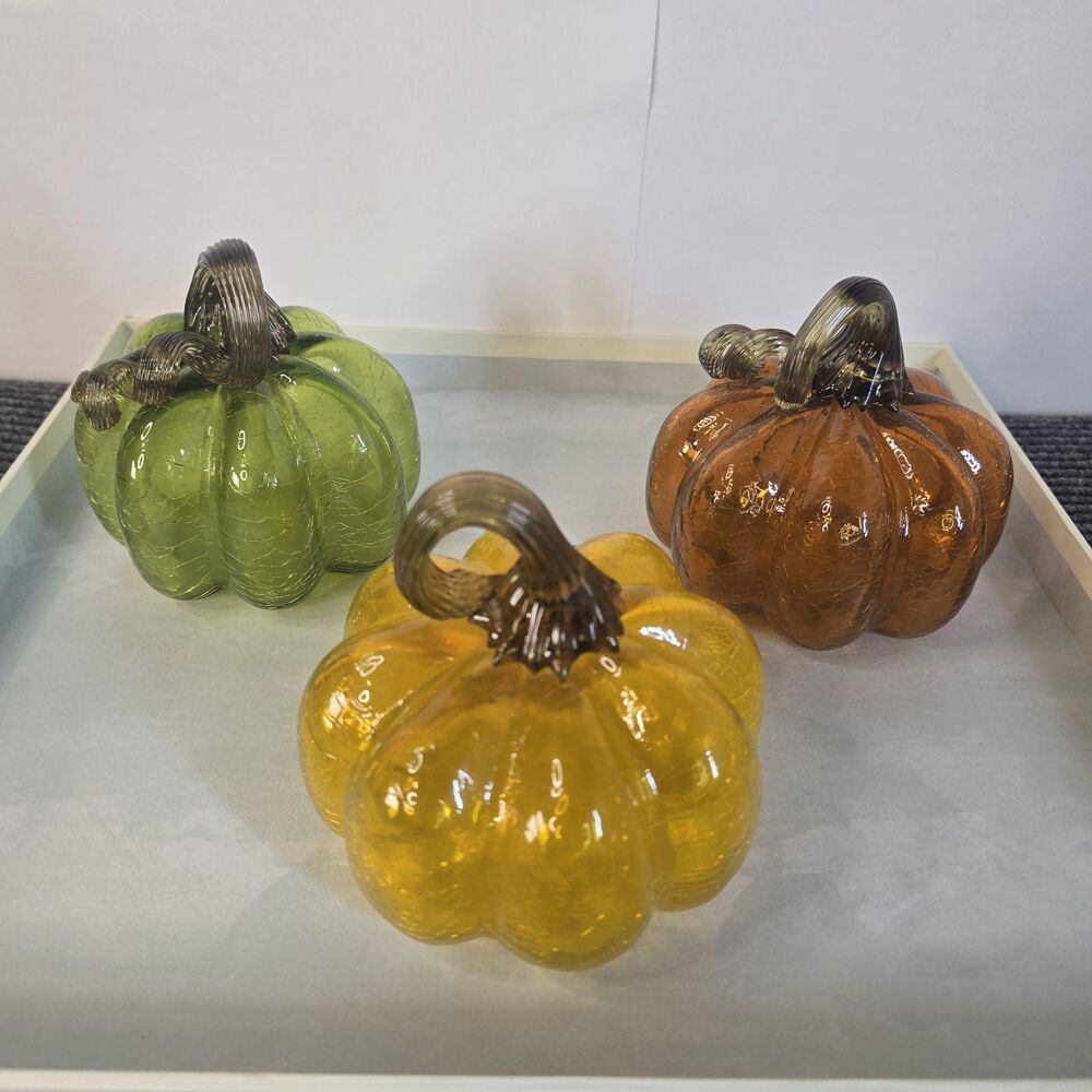 3 Art Glass Pumpkin Figurines Hand Blown Crackle Fall Halloween Thanksgiving